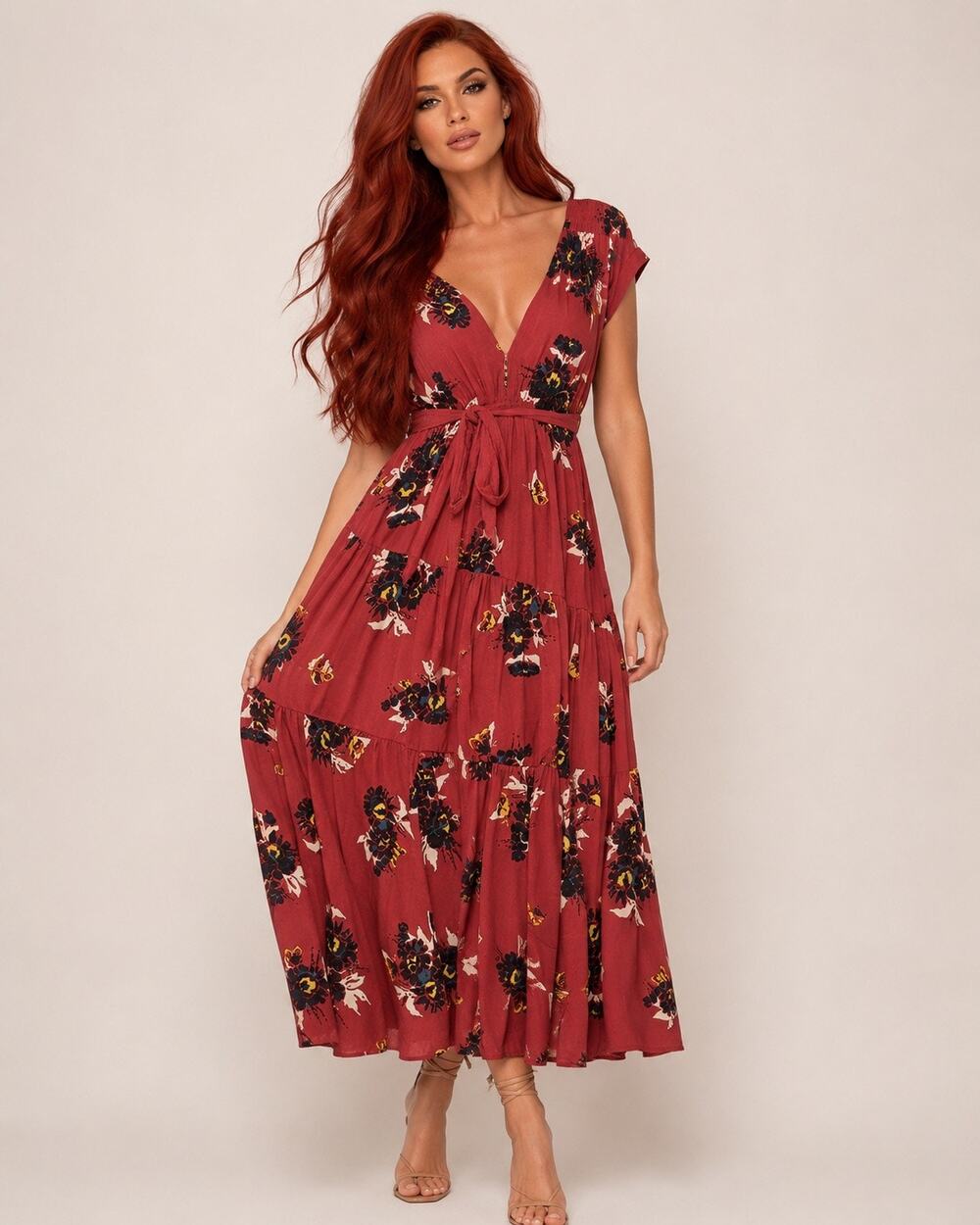 Free People All I Got Maxi Dress Size 0 Red Floral Tiered Boho Belted Gown